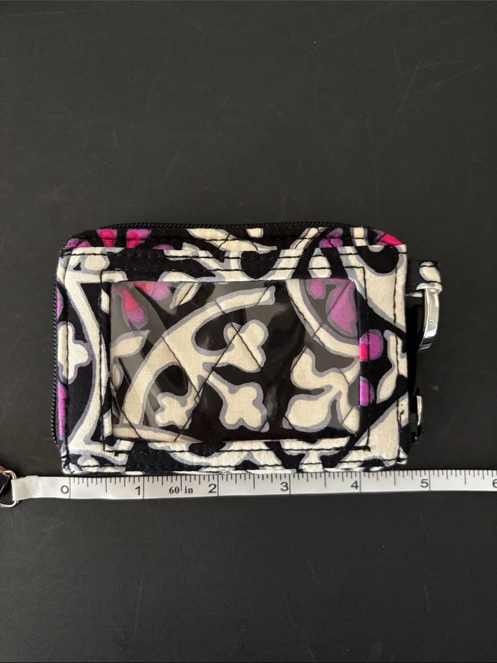 Vera Bradley Black White and Pink Patterned Zip ID Wallet with Key Ring